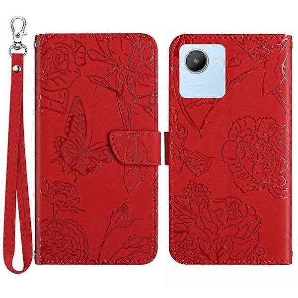Yhteensopiva Realme C30 4G / Narzo 50i Prime 4G Perhoskukka Kuvioitu PU-nahkainen Puhelinlompakko Jalustalla Folio Flip -kotelo Red
