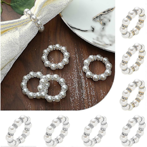 Hvide Perle & Rhinestone Servietringe Sæt Med 12, Bling Perle Servietring Holder Til Middag/Bryllup/Tha A yu