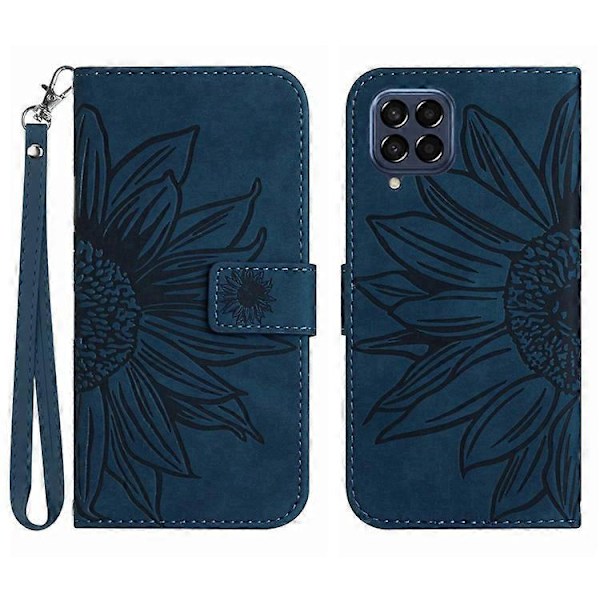 Kompatibelt för Samsung Galaxy M53 5G HT04 Skin-touch PU Läder Mobiltelefon Skydd Skal med Tryckt Solros Ställ Plånboksfodral DarkBlue