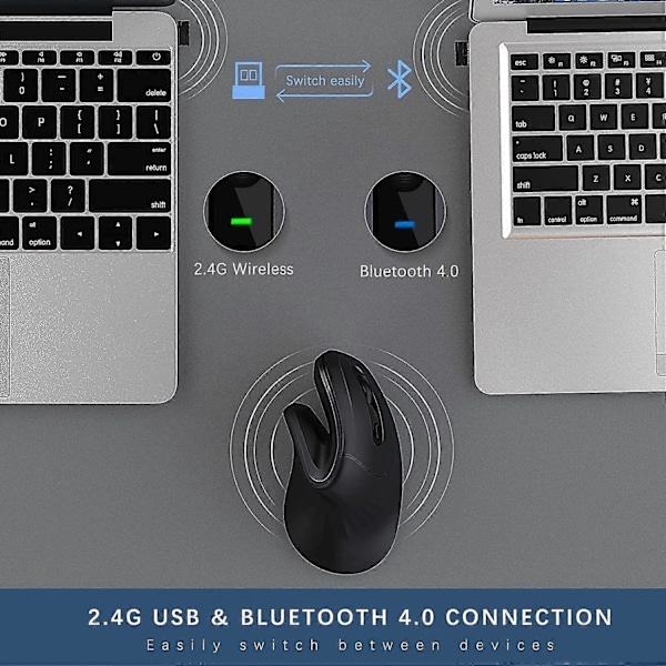 Bluetooth Ergonomisk Mus, 2.4G Stille Vertikal Trådløs Mus, Dobbel Modus Ergo Optisk Mus med Justerbar DPI 1000/1600/2400, for Laptop, Desktop, P