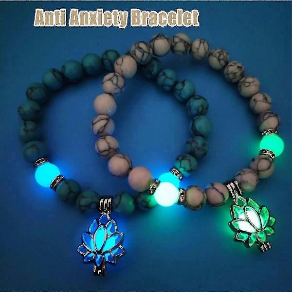 2 stk Angst & Stress-Reduserende Armbånd, Gløder I Mørket Lotus Yoga Healing Stone Armbånd, Lysende Glødende I Mørket Måne Lotusblomst Formet Charm Armbånd