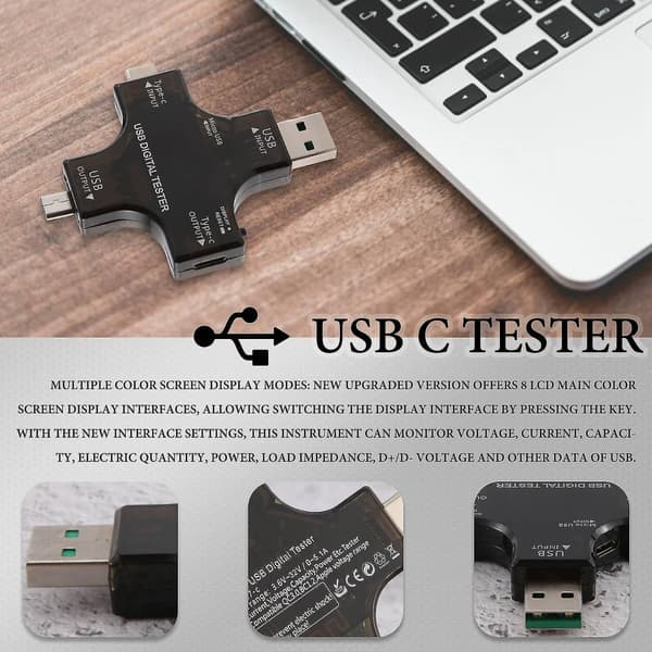 2-i-1 Typ C USB-testare Färgskärm LCD Digital Multimeter, USB C Spänning Ström Voltmeter Voltm