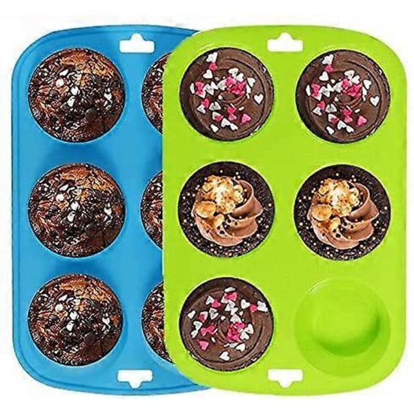 Sæt med 2 store non-stick silikone 6 muffinsforme - Blå-Grøn