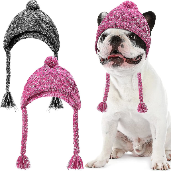 Koiran talvihattu, lämmin lemmikkipompon neulottu hattu Lämmin lemmikkieläinten neulottu Snood-päähineet korvarei'illä keskisuurille koirille ranskanbulldoggi Pink M