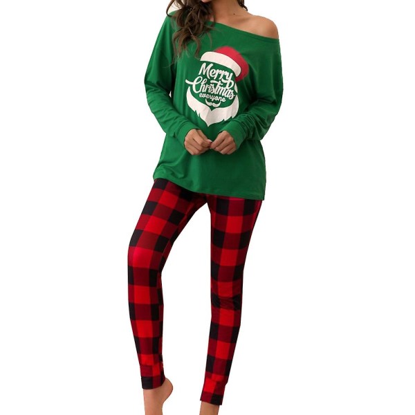 Kvinnors print Set Jul långärmade toppar Rutiga byxor Pyjamas Hemkläder Green 2XL