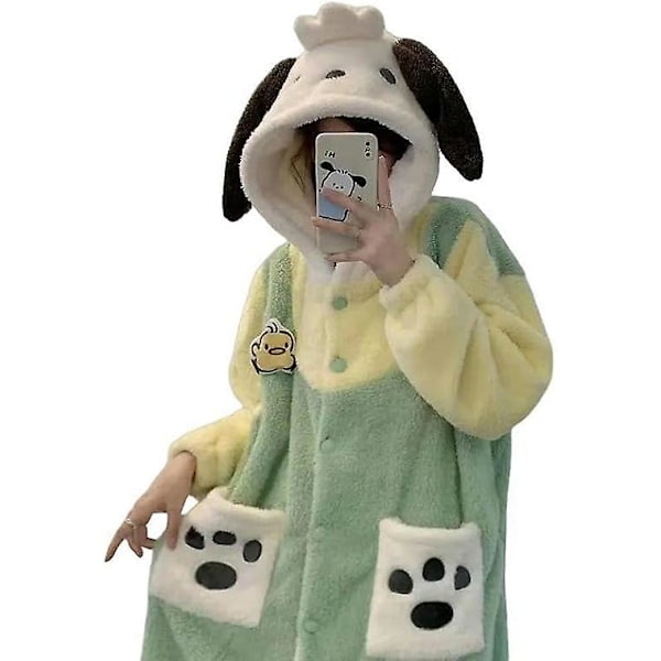 Pehmoiset Kawaii-pyjamat naisille, kylpytakki hupulla, söpöt pehmoiset pitkät pyjamat, lahja S