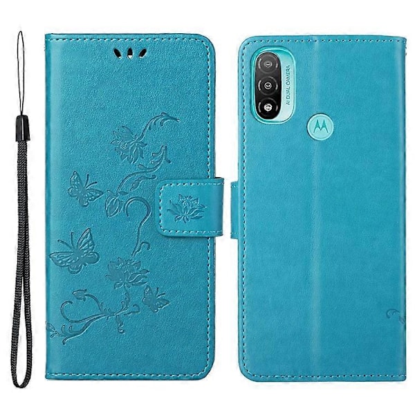 Moderigtig pungfunktion Flip Prægede Sommerfugle Blomst PU Læder Ridsefast Telefon Cover Stativ Skal Kompatibel Med M Blue