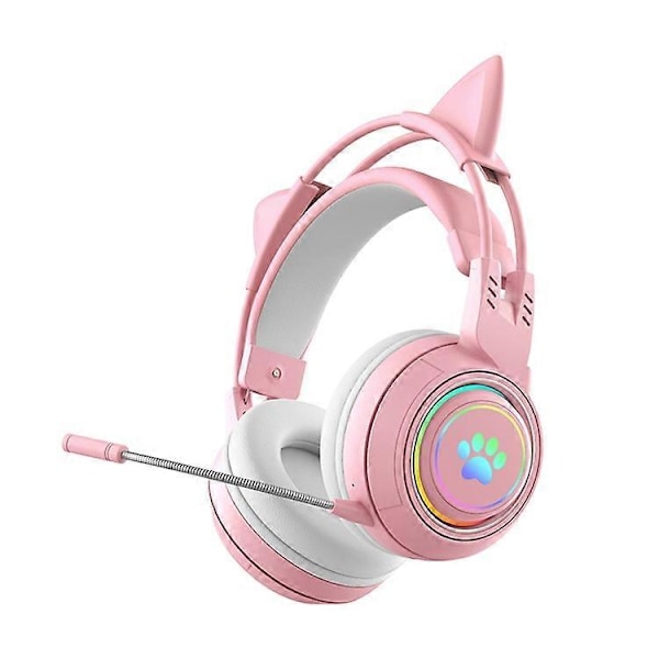 T25 Søte Katteører Hodetelefoner RGB-belysning Bluetooth Trådløst Headset med Avtakbar Mikrofon Pink
