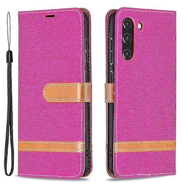 Splejsning Jeans Stof Overflade Læder Telefon Cover Wallet Stand Case Kompatibel Med Samsung Galaxy S21 FE/S21 Lite Pink
