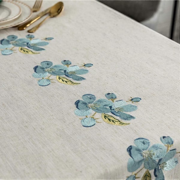 Broderad Blommig Duk Rektangulär Bordsduk Långt Bordsöverdrag för Kök Matsal, Fest, Högtid, Jul, Buffé (Blå, 135x100 cm)