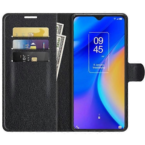 Litchi Tekstur PU Læder Etui Flip Stand Stødsikkert Telefoncover med Pung Kompatibel med TCL 20 SE Black