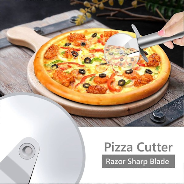 3 stk. pizzakutter, pizzaspade, kakespade i rustfritt stål med trehåndtak, ideell for pai, pizza eller kake