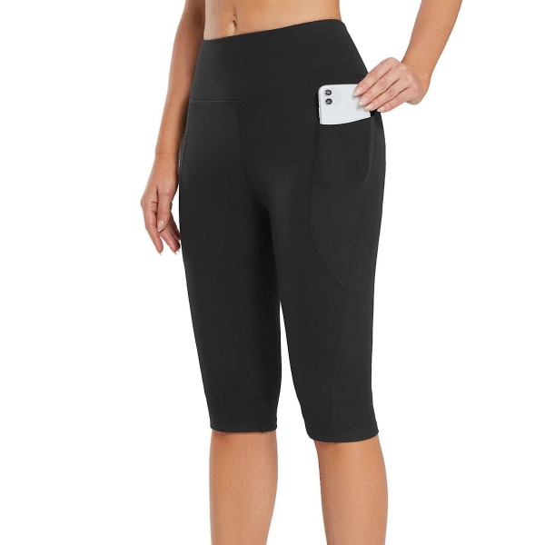 Tflycq Knälånga Leggings för kvinnor med hög midja Yogaträning Träning Capris för casual sommar med fickor Black XL