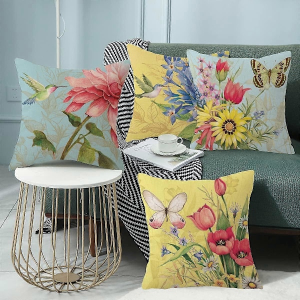 Vår Sommer Putetrekk 45x45 cm Sett med 4 Dekorative Pynteputetrekk Lin Blomst Sommerfugl Gårdshus Putetrekk til Sofa Stue Ute