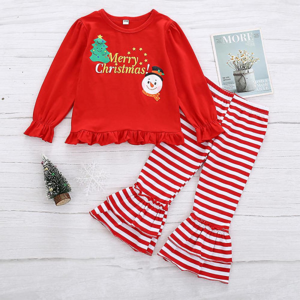 Jul Barn Flickor Långärmad printed volang långärmad T-shirt Topp + Randiga Flare Byxor Långbyxor Pyjamas Set Julfest outfit 2-3 Years