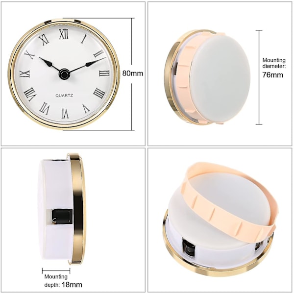 3-1/8 tommer (80 mm) Quartz ur isætning/indsats med romertal, Quartz urværk (guld kant)