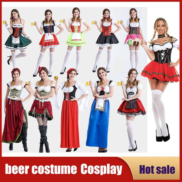 Vuxna kvinnor Oktoberfest Dirndl kostym Bayern Ölfest Karneval Servitörsklänning Wench Maid Lolita Kjol Cosplay Fantasia Outfit M D