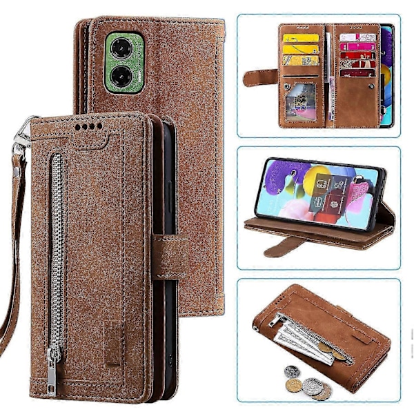 Til Motorola Moto G35 5G Etui PU Læder Telefon Cover med Lynlås Pung 9 Kort Slots Edition d