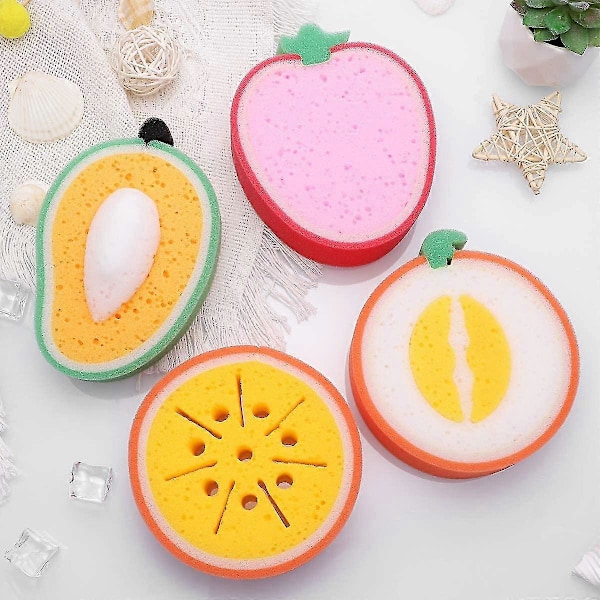 4 st Söta Fruktformade Badsvampar Badborstar Svampar Skrubbar Badverktyg för Barn (Mango + Honungsmelon + Apelsin + Jordgubbe)