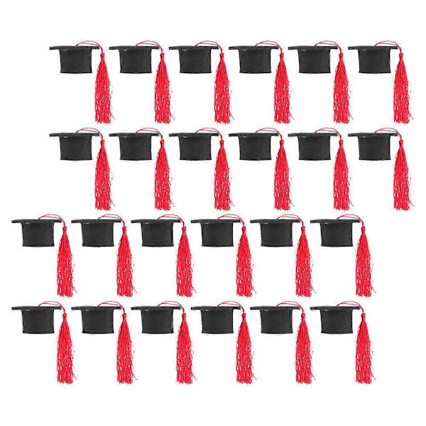 Mini examenshattar i röd filt med tofsar, studentfesttillbehör, 24-pack