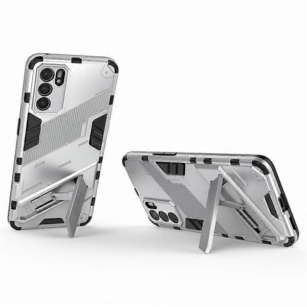 Iskunkestävä Defender -suojakuori, kestävä, sotilastason PC + TPU -kuori jalustalla, yhteensopiva Oppo Reno6 5G:lle White