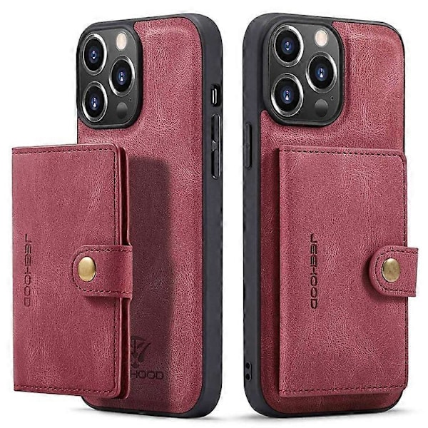 JEEHOOD Yhteensopiva iPhone 14 Pro Retro Iskunkestävä Kotelo Irrotettava 2-in-1 Lompakkokotelo Nahkapäällysteinen Jalusta TPU-suojus Red