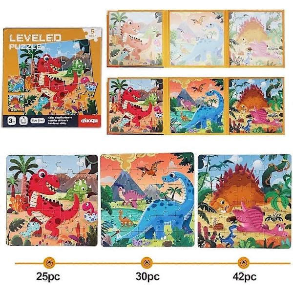 Magnetiska pussel för barn 3-5 år, Dinosauriepussel Tre -25/30/42 3 stilar Dinosaurie Träpusselböcker, Resespel och Resor