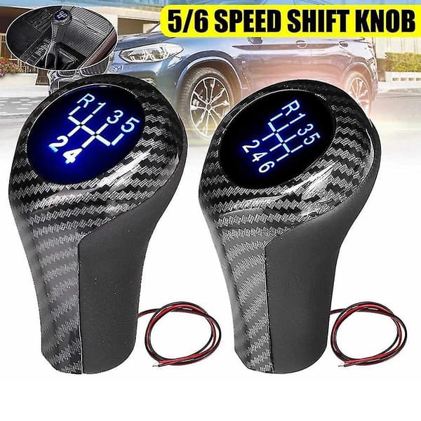 Carbon Fiber 5-gears Manuel Gearknop Med LED Blåt Baggrundslys Læder Gearstang Til E46 E90 E91 E