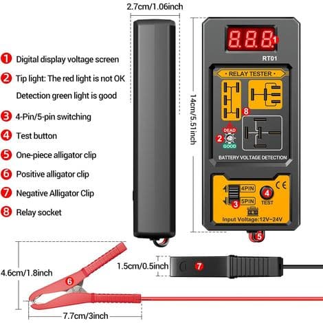 Bilrelætester, digital tester med batteridisplay, kompatibel analysator til fire- og fembensrelæer.