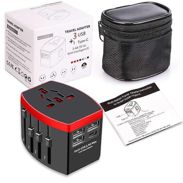 Universal Reseadapter, internationell Universalplugg med 4 i 1 USB, svart