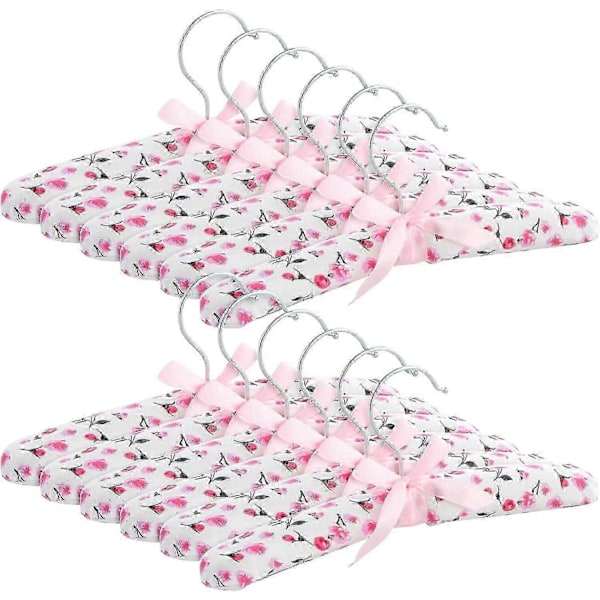 12-pack Vadderade babygalgar i satin för garderob, barnkammare, babykläder, rosa blomdesign (9,5 tum) Edition d