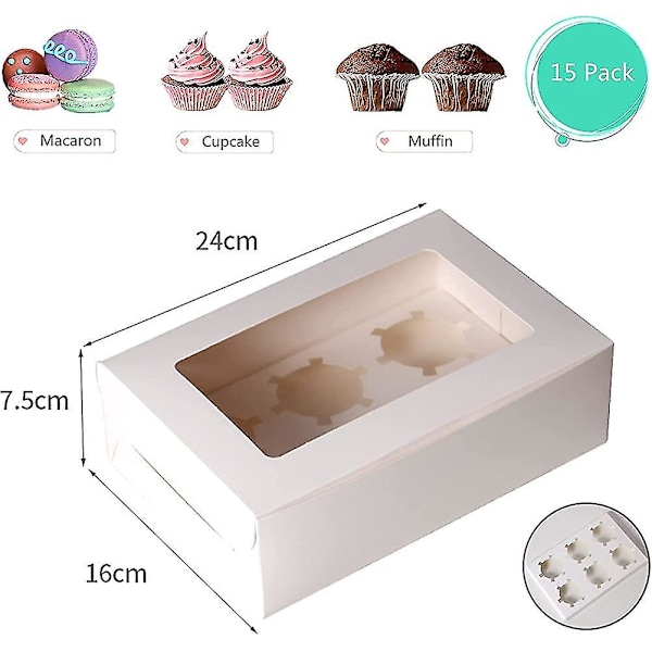 15 st Presentförpackningar för muffins, 6 hål, vit muffinslåda med fönster och