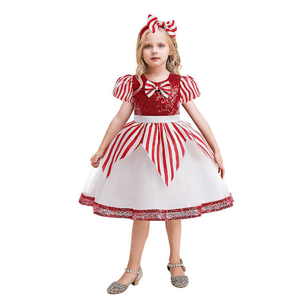 Jouluinen Lasten Tyttöjen Puff Sleeve A-linjainen mekko, jossa set Söpöt raidalliset mekot Jouluasu 5-6Y