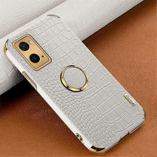 Yhteensopiva Oppo A36 / A76 Sormuspidike Jalustakotelo Krokotiilinnahka Kuvioitu Nahkapäällysteinen TPU 6D Galvanoidulla Iskunkestävällä Suojauksella White