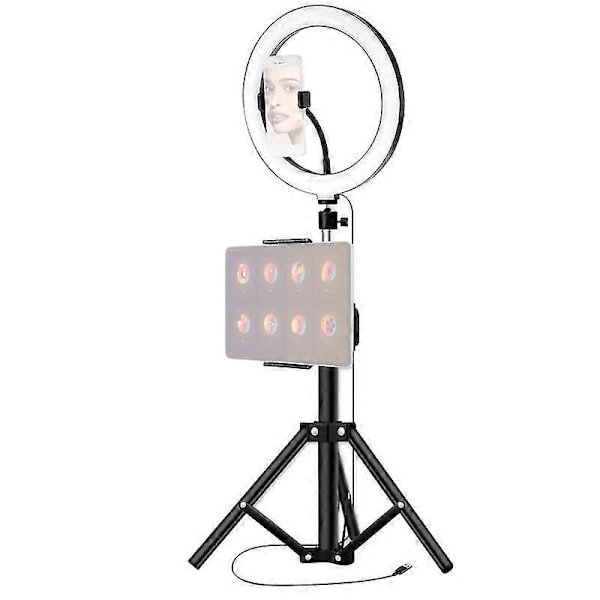 26 cm / 10 tuuman LED-rengasvalo, 3 väriä, 10 himmennystasoa, 3200-5600 K värilämpötila, jalustat, puhelin- ja tablettipidikkeet suoratoistoon, meikkiin P