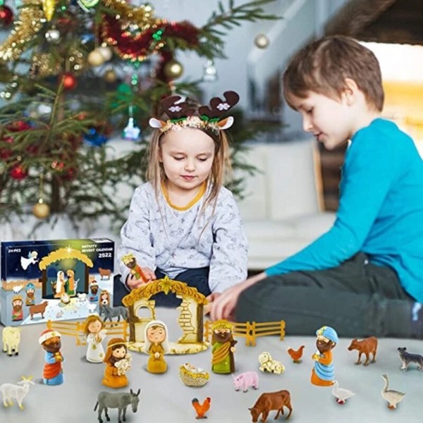 Syntymäkohtaus adventtikalenteri 24 hartsiminiatyyriä, pyhä perhe, taikurit, paimen, enkeli, lampaat, talli, eläimet, aidat, ihanteellinen C