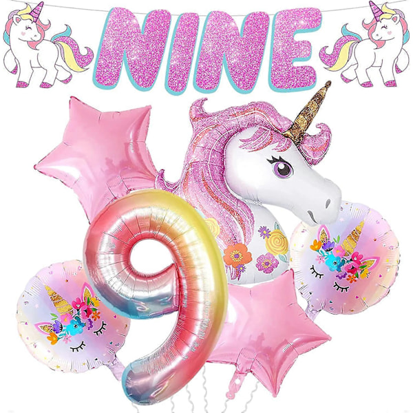 Glitter Nine Banner med Nummer 9 Ballon - 101 cm Enhjørning 9 års Fødselsdagsdekorationer til Piger | Kæmpe Enhjørningehoved Ballon, 109 cm | Folieballoner f