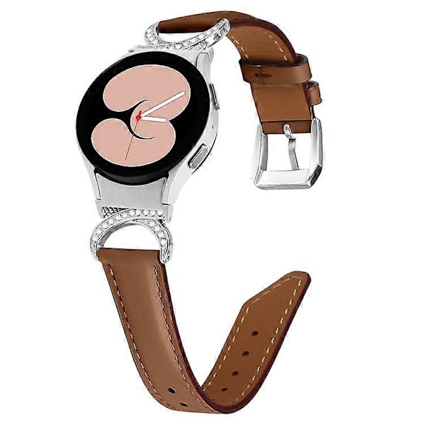 Yhteensopiva Samsung Galaxy Watch 5 / Watch 4 40mm / 44mm / Watch 4 Classic 42mm -kellon korvaava halkaistu nahkaranneke strassikivillä ja D-muodolla Brown