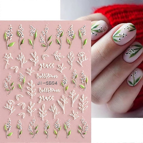 3 st Blommiga Nageldekaler 5D Nageldekaler Akryl Präglade Graverade Nageldekaler Nagelkonsttillbehör Rosa Vit Blommigt Blad Körsbärsblomning Lim
