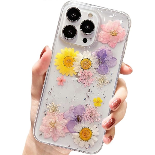 til iPhone 13 Pro Cover Blomster, Gennemsigtig med Glitter Pressede Ægte Tørrede Blomster Design Kvinder Piger Blomstret Sød Slank TPU Beskyttende (Pink Blomst)