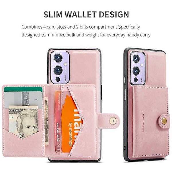 JEEHOOD Magnetisk pung aftagelig 2-i-1 design læderbelagt TPU-etui kompatibel med OnePlus 9 (EU / US version) PinkGold