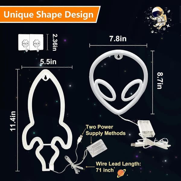 Neonskylt, 2-pack Alien Rocket LED Neonskylt, LED-skyltar för sovrum USB eller batteridriven neonskylt