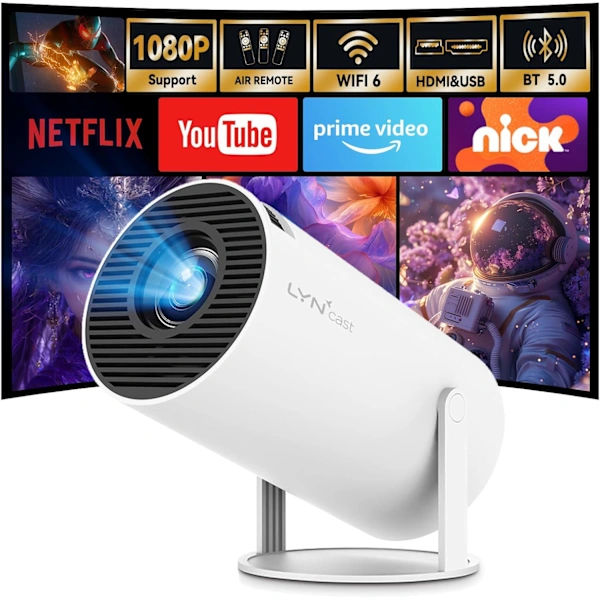 Miniprojektor, stöder WLAN och Bluetooth, inbyggt Android 11-system, stöder 1080P och 4K-upplösning.