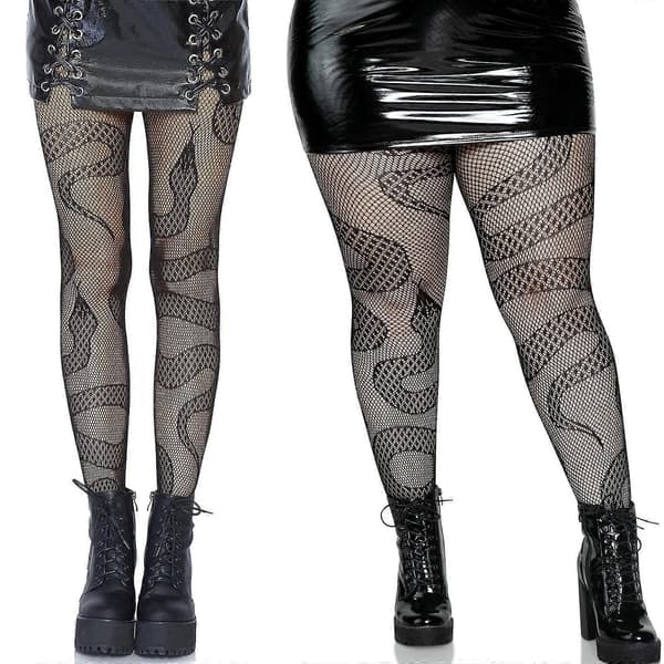 Högmidjade nätstrumpbyxor för damer, orm-jacquard, tatueringstights, klubbkläder, plusstorlek