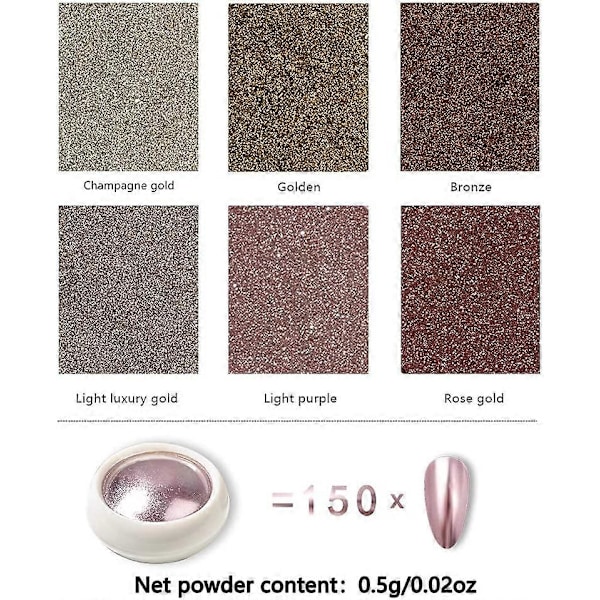 6 Lådor Roséguld Krom Nagelpulver, Metalliskt Nagelkonst Pigmentpulver Set, Glänsande Nagelglitterpulver med Magisk Spegeleffekt för Nagelkonst Design Dekor