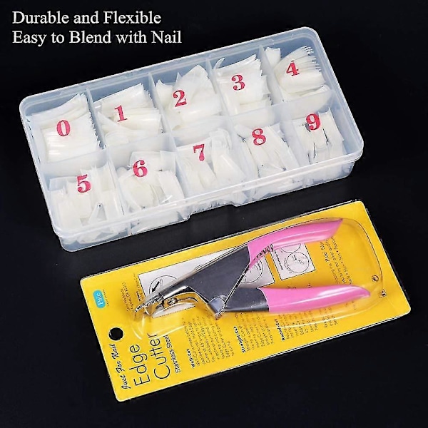 Akryl Negle Tips Fransk Negle Tip 500 stk. Kunstige Falske Negle Halve Tips med Æske & Falsk Negleklipper til Neglekunst Salon og Hjemme DIY (10 Størrelser, Nat
