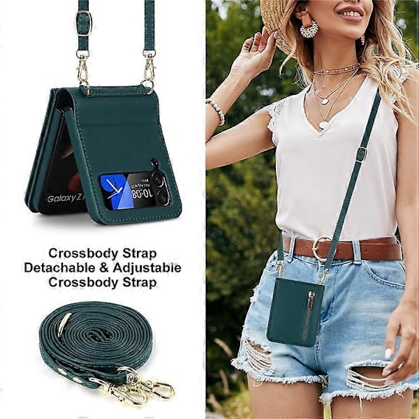 ZD 010 Kompatibel til Samsung Galaxy Z Flip3 5G Lynlås Wallet Telefon Cover med Rem PU Læder PC Telefon Cover Green