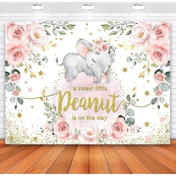 Baby Jente Elefant Baby Shower Bakgrunn Rosa Blomster Søt Liten Peanut er på Vei Fotografering Bakgrunn Rosa Elefant Foto Banner for Festkake