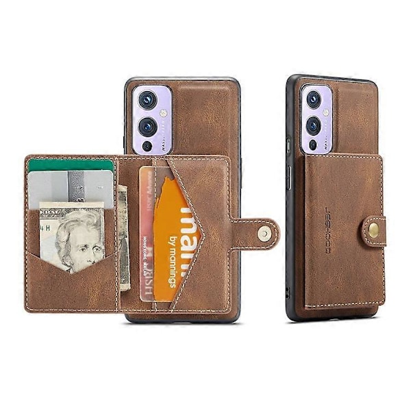 JEEHOOD Magnetisk Plånbok Avtagbar 2-i-1 Design Läderbelagt TPU-skal Kompatibelt med OnePlus 9 (EU / US Version) Brown