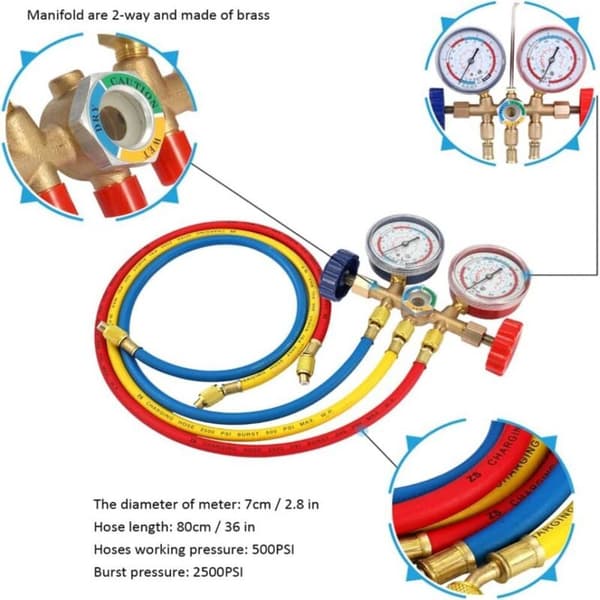 Kølemiddel Manifold Gauge Sæt AC Værktøj med Slange og Krog